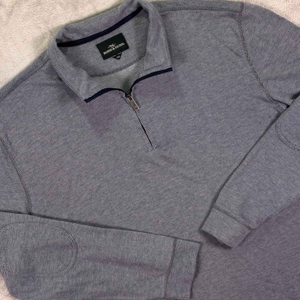 Rodd & Gunn Mens Quarter Zip Pullover 2XL Blue White Stripe Elbow Patch TP0194